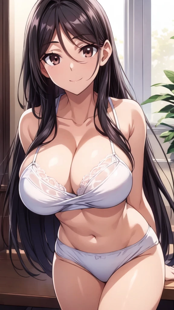 (upper body:1.4),(masterpiece:1.3),Portraiture, Realistic, (Brown eyes:1.3), (Black Hair:1.3),(Long Straight Hair:1.3),(18-year-old:1.3),(Big Breasts:1.3),(White underwear:1.4),Beautiful breasts,Beautiful underwear,Beautiful Hair,Beautiful Face,8K resolution, High quality CG, Beautiful CG,(slim:1.3),Soft Light,(arms behind back:1.4),( smile:1.3),(focus face:1.4),Ultra-high resolution,Highly detailed CG Unity 8k wallpaper,(Aesthetic Anime Eyes),(White underwear:1.4),