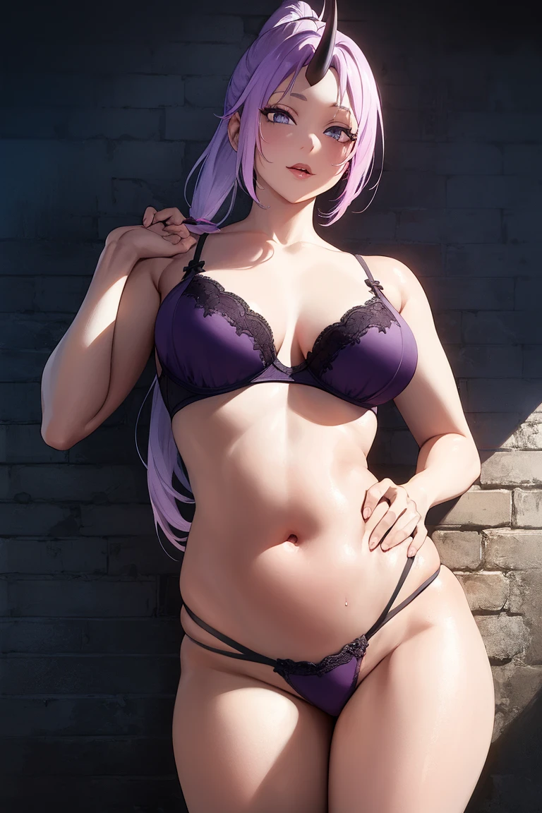 slimeshion, shion, black horns, hair intakes, horns, long hair, oni, oni girl, oni horn, oni horns, ponytail, (purple eyes:1.1), purple hair, single horn, (medium breast:1.2),
BREAK lingerie, (thong:1.3), bra,
BREAK looking at viewer,walking,pose, hand on hip
BREAK outdoors,
BREAK (masterpiece:1.2), best quality, high resolution, unity 8k wallpaper, (illustration:0.8), (beautiful detailed eyes:1.6), extremely detailed face, perfect lighting, extremely detailed CG, (perfect hands, perfect anatomy),(((Chubby1.5))),(big belly), fat holds, belly hangs