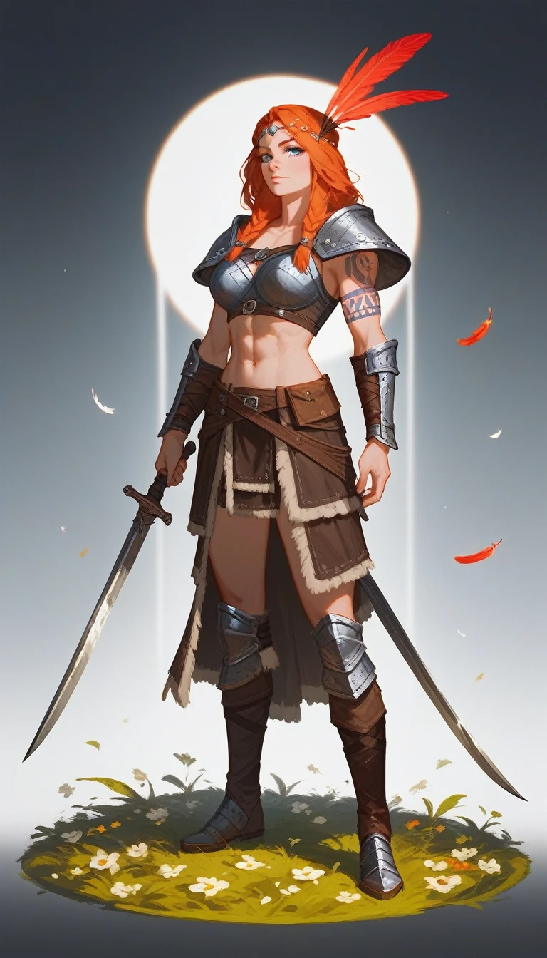 (Fraction_9,Fraction_8_Direction_7_up),1 a woman,(((Full body portrait))), A beautiful woman,viking huntress,Wearing animal skins,With wild animal hair on shoulders,Armor made of bones,The eagle landed on the arm,There are colorful feathers on the clothes,Dagger on the leg,