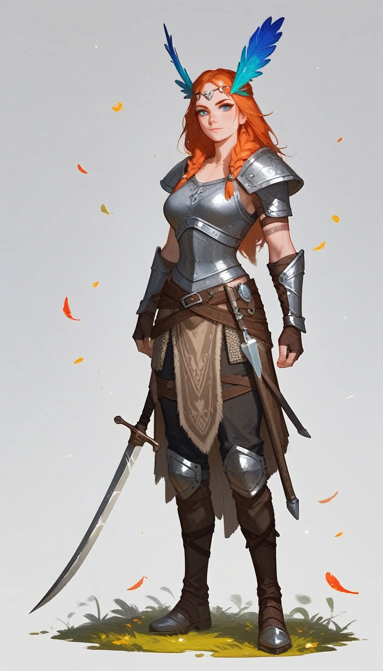 (Fraction_9,Fraction_8_Direction_7_up),1 a woman,(((Full body portrait))), A beautiful woman,viking huntress,Wearing animal skins,With wild animal hair on shoulders,Armor made of bones,The eagle landed on the arm,There are colorful feathers on the clothes,Dagger on the leg,
