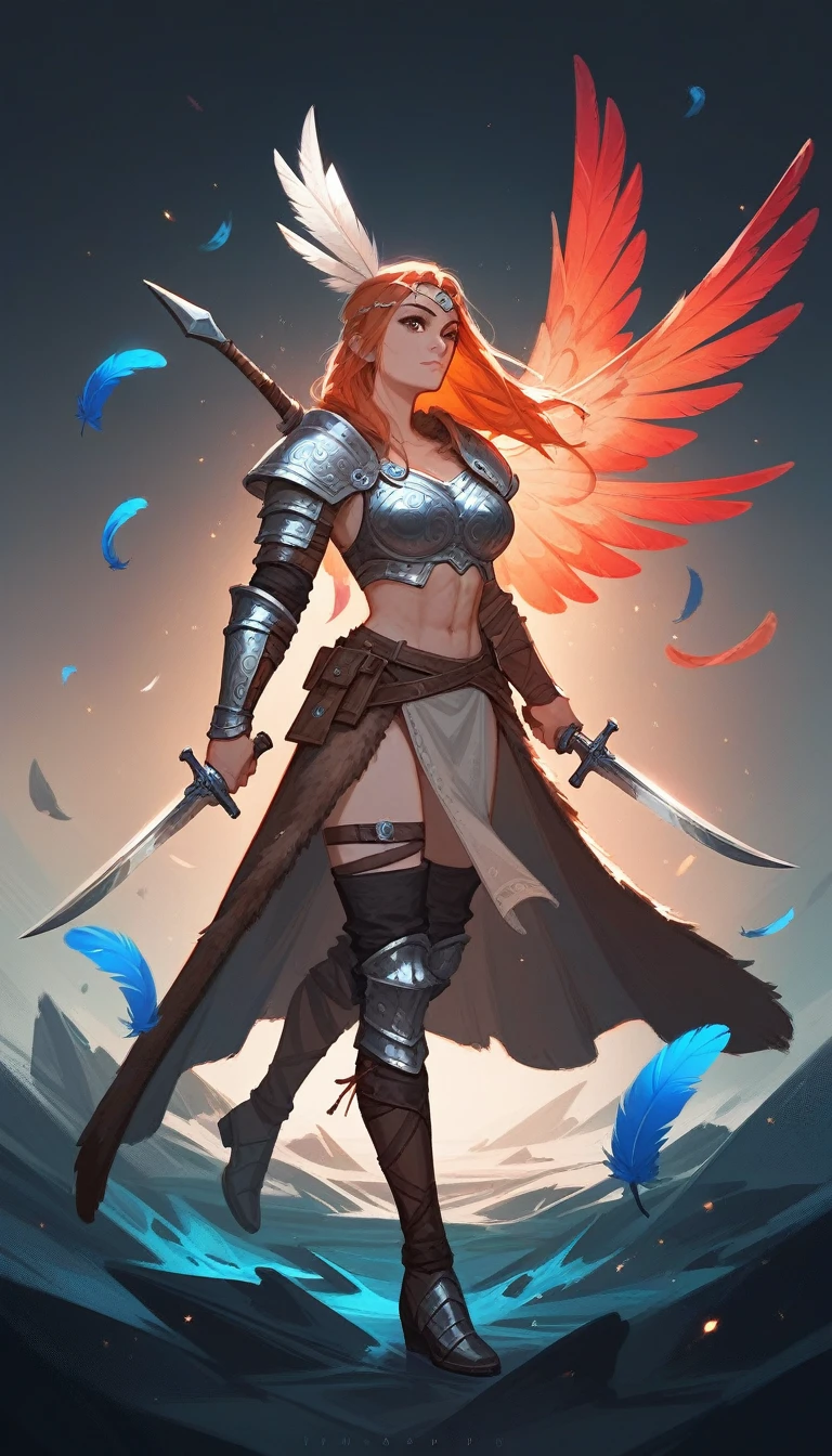 (Fraction_9,Fraction_8_Direction_7_up),1 a woman,(((Full body portrait))), A beautiful woman,viking huntress,Wearing animal skins,With wild animal hair on shoulders,Armor made of bones,The eagle landed on the arm,There are colorful feathers on the clothes,Dagger on the leg,