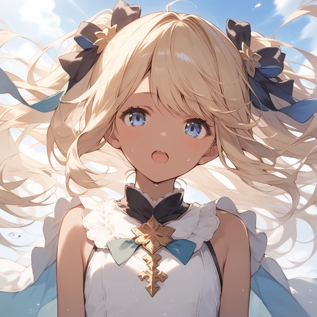 score_9, score_8_up, score_7_up, source_anime, best quality, masterpiece, official art, absurdres, highres, ultra-detailed,waifu2x,Collection: Slice of Life,break,1girl, io \(granblue fantasy\), (dark-skinned female), blonde hair, swept bangs, blue eyes,gradient hair, hair ornament, long hair, flat chest, thighhighs, twintails, sweat, open mouth, sleepily,  outdoors, wind,break,(clear line illustration:1.2), super detailed skin,very high resolution, very aesthetic, Best sexual lighting powered by famous artist, 8k,cute picture,beauty illustration,photoshop_(medium),,(Detailed Lighting),best anime 8k konachan wallpaper, pixiv contest winner, 