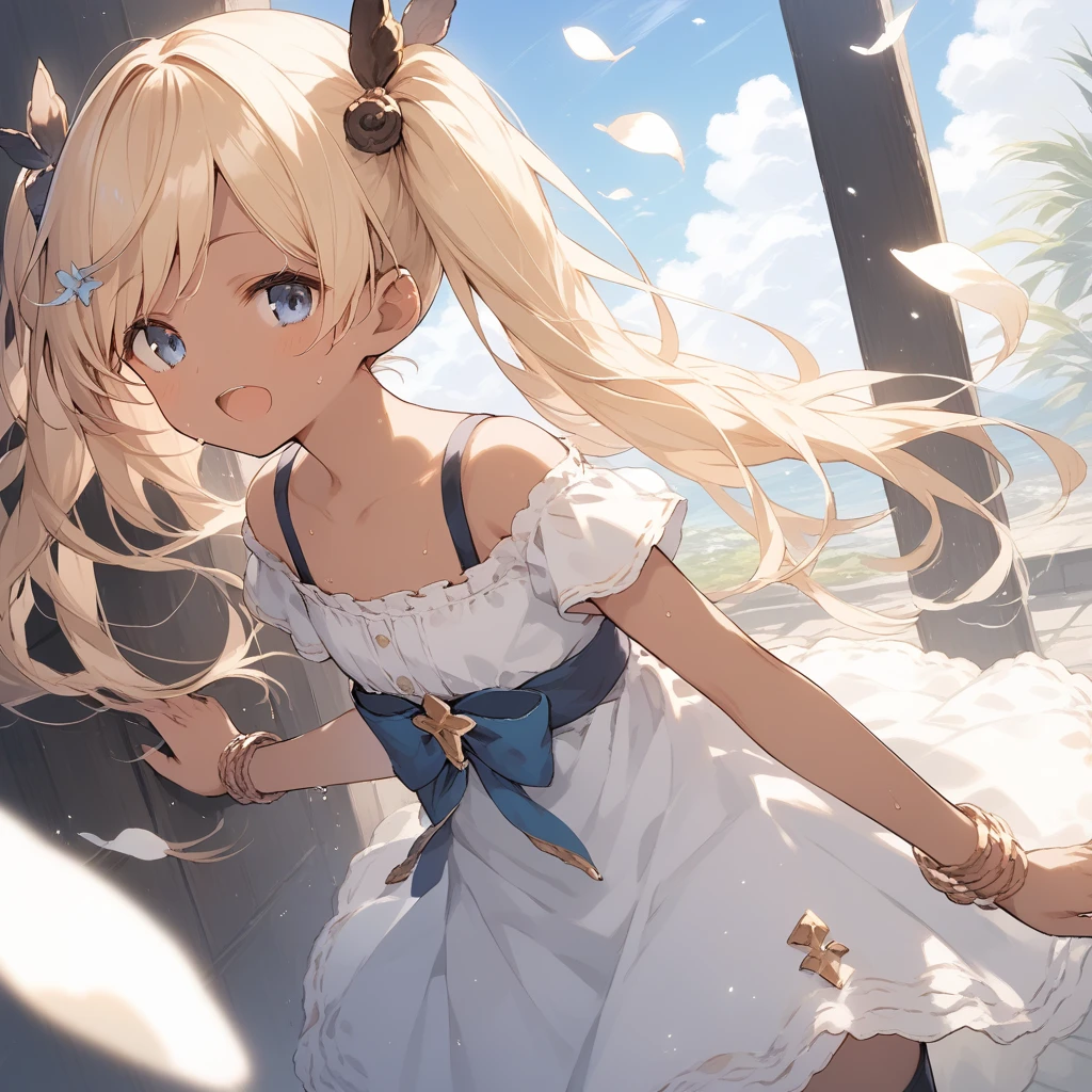 score_9, score_8_up, score_7_up, source_anime, best quality, masterpiece, official art, absurdres, highres, ultra-detailed,waifu2x,Collection: Slice of Life,break,1girl, io \(granblue fantasy\), (dark-skinned female), blonde hair, swept bangs, blue eyes,gradient hair, hair ornament, long hair, flat chest, thighhighs, twintails, sweat, open mouth, sleepily,  outdoors, wind,break,(clear line illustration:1.2), super detailed skin,very high resolution, very aesthetic, Best sexual lighting powered by famous artist, 8k,cute picture,beauty illustration,photoshop_(medium),,(Detailed Lighting),best anime 8k konachan wallpaper, pixiv contest winner, 