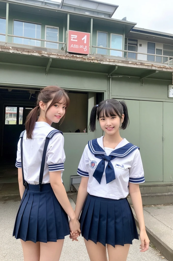 {1  | 2 | 3} girls in rural railway station,cumulonimbus cloud in summer sky,short-sleeved white shirt with sailor collar,navy blue pleated skirt,school bag,18-year-old,bangs,a little smile,thighs,knees,short hair with low pigtails bunches,from beside,front light