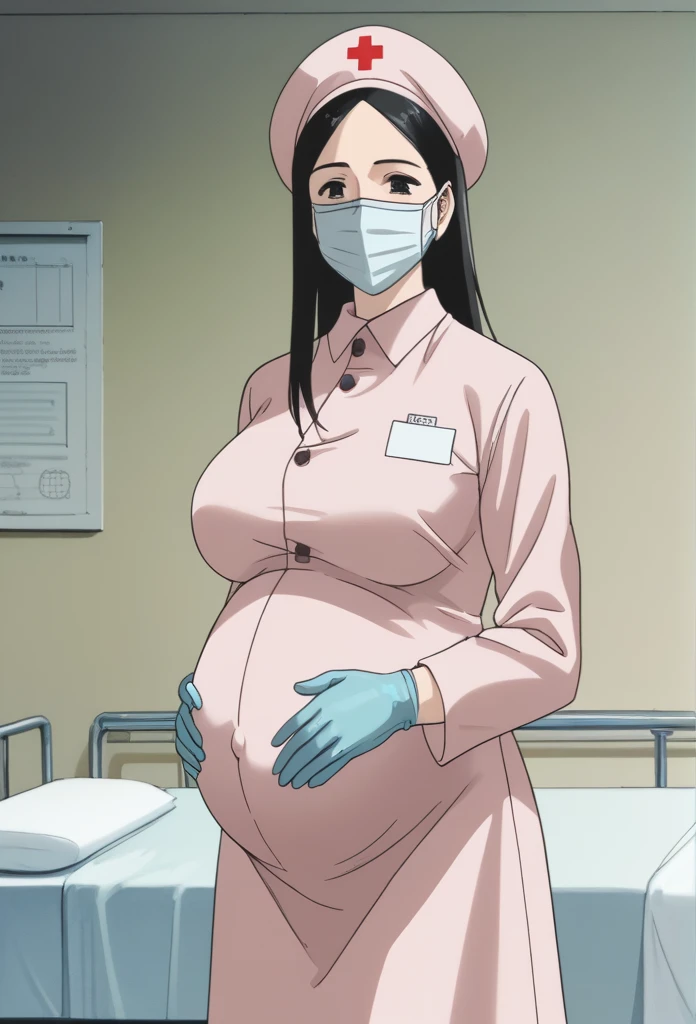 score_9,  score_8_up, score_7_up, source_anime, raw image, masterpiece, highest quality, natural light, patient room background, kasuganoray, good shape, pale skin, shy eyes, big breasts, scrubs, surgical mask, bouffant cap, long sleeve nurse uniform, navel head,
1girl, pregnant, solo, rubber gloves, looking down, furrowed brow, hospital bed, standing, even though she's pregnant she has a good figure, she suffered due to difficult childbirth