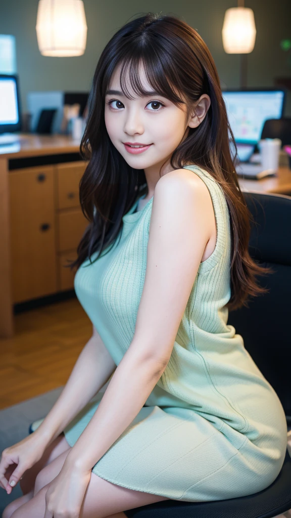 (8K, RAW Photos, Highest quality, masterpiece:1.3), (Realistic, photo-Realistic:1.4), (Highly detailed 8K wallpaper), Sharp focus, Written boundary depth,
 Japanese Idols,very cute,(Baby Face),sweater, Look at us and laugh, Upper Body, Highly detailed face and eyes,((Shiny skin:1.2)), Cinema Lighting, Soft Light, Blur the background, Bokeh,(office, Modern, stylish, Glass Wall, Open space:1.2)
