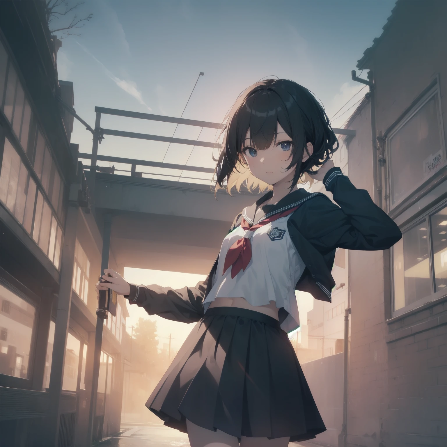 ultra-absurdres-Top quality by artist God, ultra-detailed, high resolution, anime moe artstyle, best anime 8k konachan wallpaper, pixiv contest winner, pool:2810, perfect anatomy,break, 1girl, (Please draw a girl walking sleepily to school alone. )break,(Solo,little female, 13-year-old:1.3),Full limbs, complete fingers,a junior high school student, (very short hair), short cut, flat chest, , small butt, small black eyes, beautiful detailed eyes, well-proportioned iris and pupils, expressive eyes, highres detailed hair, soft expression, salor school_uniform, sailor collar, serahuku, bow, pleated skirt,(Detailed Lighting), (Detailed background), in the School commute route. break,super detailed skin, Best cinematic lighting powered by famous artist, 8k,beauty illustration,photoshop_(medium),very aesthetic,break,((artist:yamamoto_souichirou )), artist:clamp ,artist:carnelian ,artist:kantoku ,