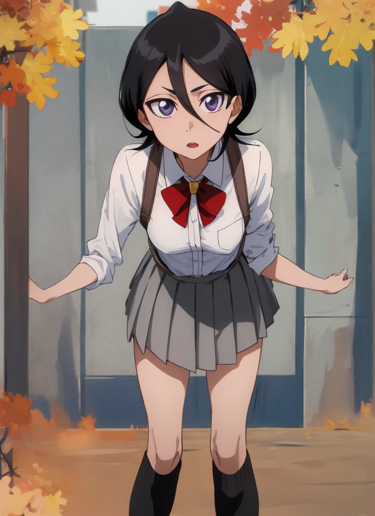 ((masutepiece, Best Quality, hight resolution, nffsw, Perfect Pixel, 4K, nffsw, nffsw))), 1girl in, Single, Solo, Beautie、full body seen、 (Short hair shoulder length, Black hair)), ((Black-eyed, Beautiful eyelashes, red glasses , Realistic eyes)), ((Detailed face, Blushing:1.2)), ((Smooth texture:0.75, Realistic texture:0.65, Photorealistic:1.1, Anime CG style)), medium breasts, Dynamic Angle, Perfect body, ((red bowtie, School uniform, , White shirt, Black skirt, plaid skirts)), City staircase、Looking up from the bottom of the stairs、Very embarrassing panic smile, turned around、bending forward、(The wind flipped my skirt and exposed my butt.................、Touching the buttocks with both hands、Pink lace panties)、