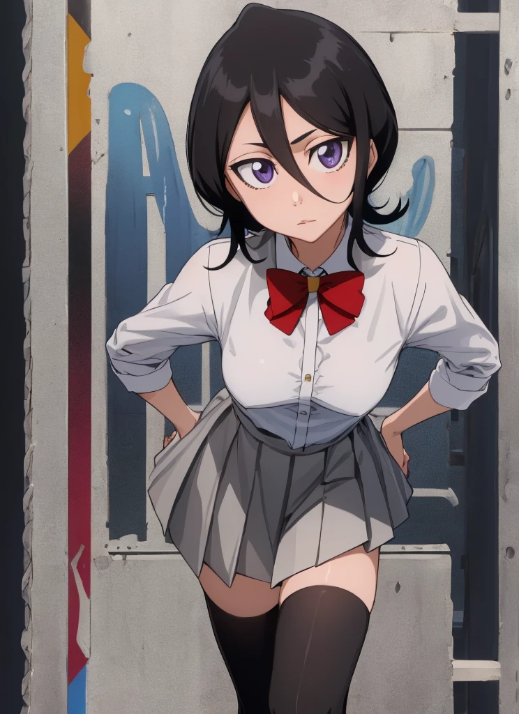 ((best quality)), ((highly detailed)), masterpiece, , (1girl), Perspective distortion, cowboy shot, ((wide shot)), Rukia, black hair, short hair, hair between eyes, purple eyes,  , white collared shirt, red bowtie, grey pleated skirt, socks, shoes, (outside, black thighhighs,medium breasts,looking viewer,leaning forward