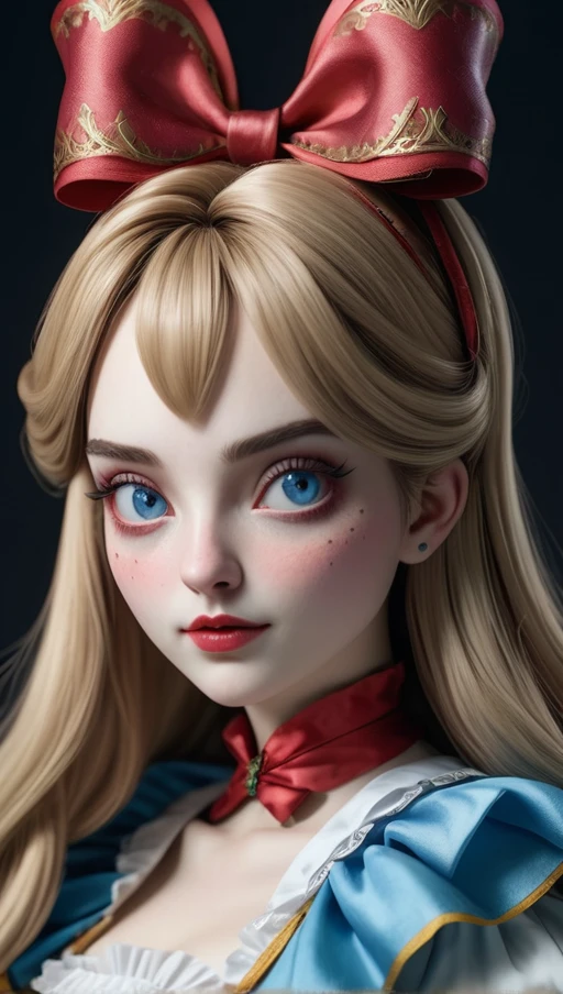 One girl, masterpiece, Highest quality, 8K, Detailed skin texture, Detailed cloth texture, Beautifully detailed face, Intricate details, Super detailed, Alice in Wonderland, (A ribbon on her head:1.1), Upper Body