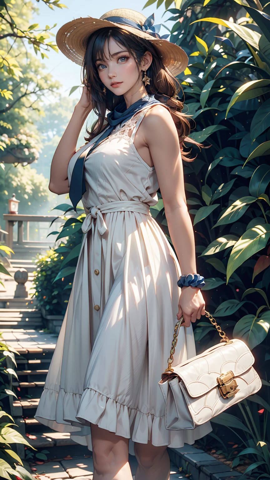 24-year-old female、Long eyelashes、Beautiful appearance、White summer dress decorated with lace、Brown Hair、Side Ponytail((Tie it up with a scrunchie))、Sunlight filtering through the trees、Forest Walk、Walking、Cute handbag、Sandals、Wide-brimmed hat decorated with ribbon((Capelin))、Wear a brightly colored scarf around your neck、Lady style、smile、Hold the brim of your hat、No sleeve