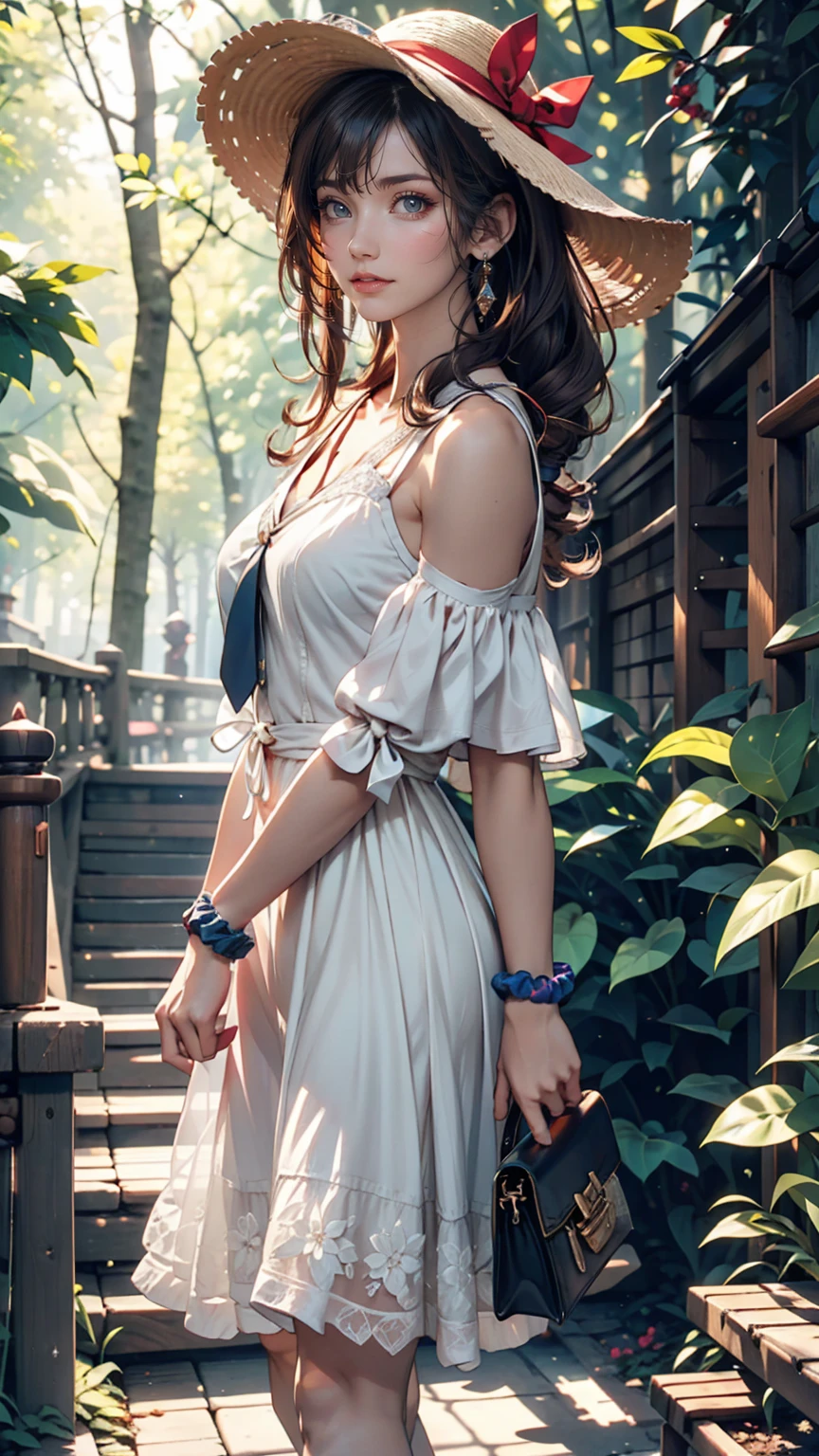 24-year-old female、Long eyelashes、Beautiful appearance、White summer dress decorated with lace、Brown Hair、Side Ponytail((Tie it up with a scrunchie))、Sunlight filtering through the trees、Forest Walk、Walking、Cute handbag、Sandals、Wide-brimmed hat decorated with ribbon((Capelin))、Wear a brightly colored scarf around your neck、Lady style、smile、Hold the brim of your hat、No sleeve