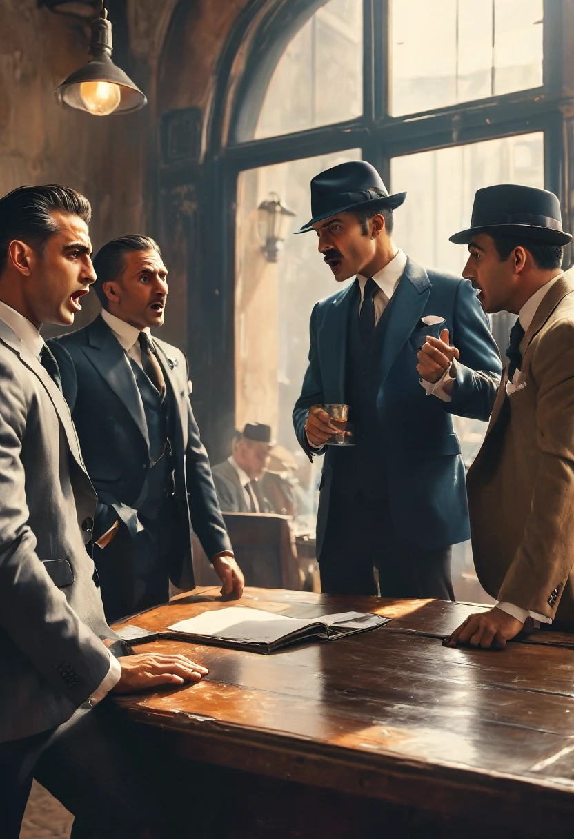 Mafia group talking around the table and man standing side view shouting