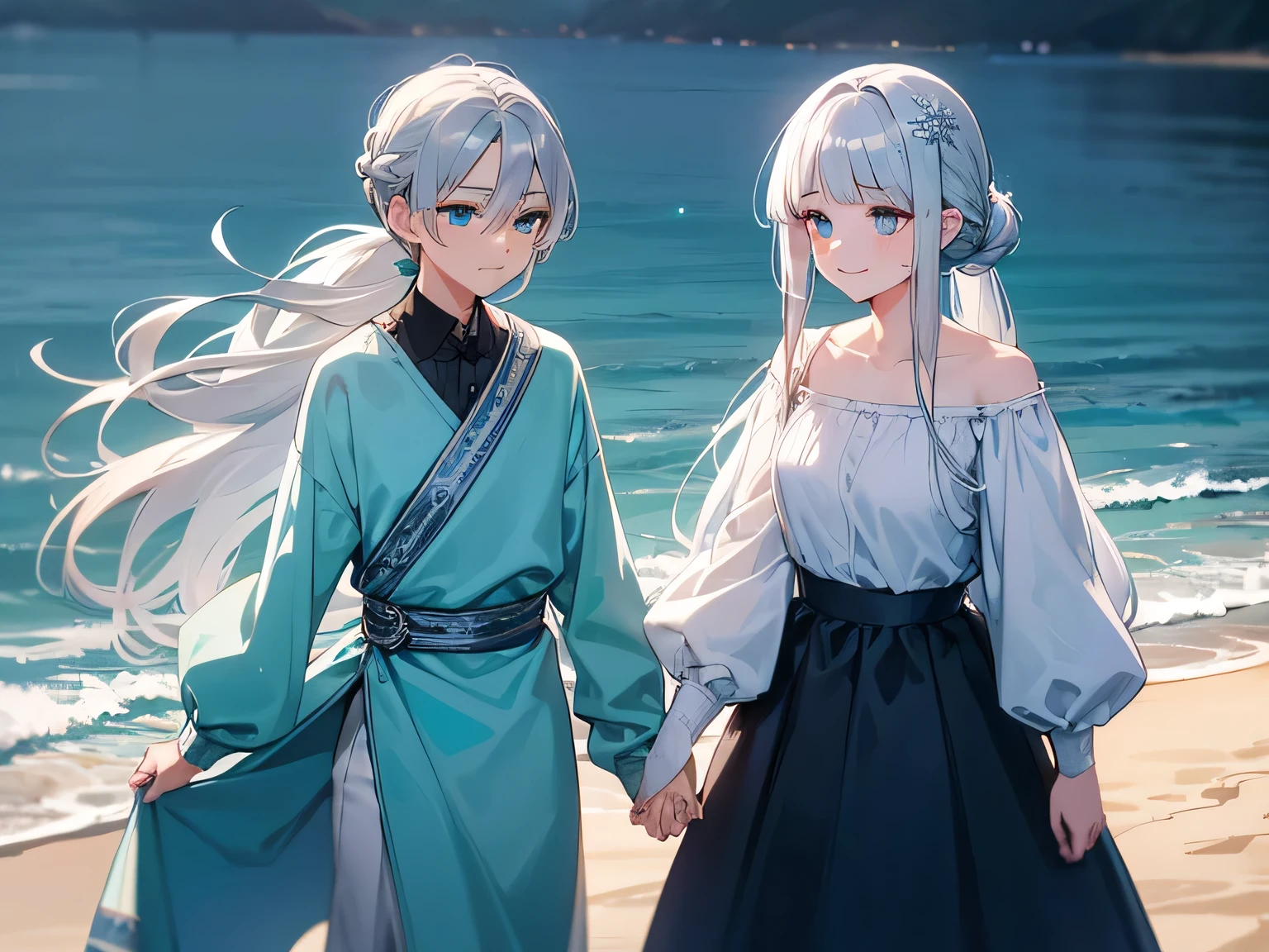 mole under eye, aqua eyes, gradient_eyes, upturned eyes, longeyelashes, silver hair, braided ponytail, long hair, side swept bangs, snowflake hair ornament, light smile, wearing a beautiful blue dress, on the beach, holding a boy hand, high details, high quality, best quality, highres