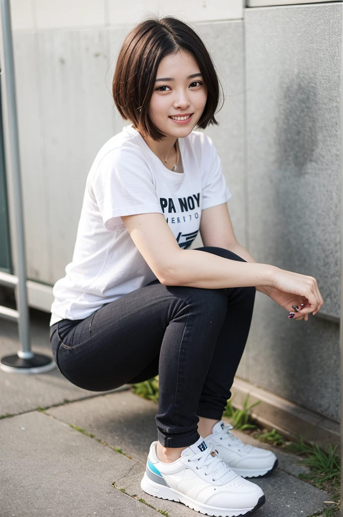 Top quality, 1 beautiful woman, super short Hair, gold hair, shy-smile, fullbody, sneaker, Black t-shirt & pants