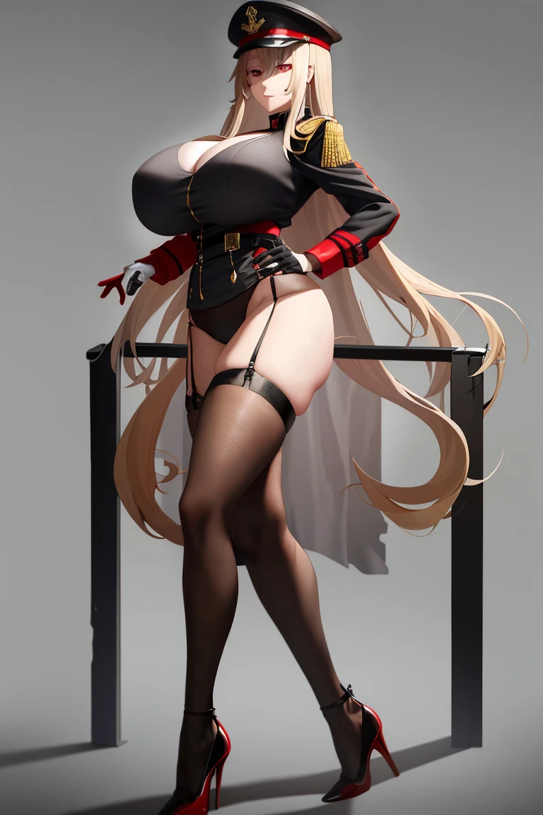 A woman,Long blond hair,Red eyes,Wear a black military cap,Wearing a black bikini,Long legs,Nipple protrusion,Twenties,exposed,Black high heels,Huge breasts,超级Huge breasts,Standing