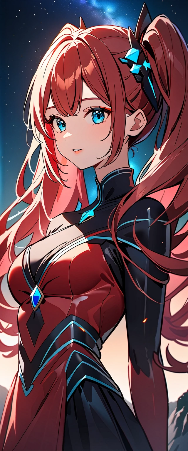 Photo of a high school girl with natural skin, Upper Body, Black and red gradient hair in twin tails, Sharp eyes with blue eyeshadow, A thin, upturned nose, Well-shaped lips, Hourglass-shaped body shape, White off-the-shoulder dress, Makeup, Exquisitely crafted with the utmost attention to detail, Vibrant, amazing, Smooth, Cinematic, 4K, Backlight, Atop a cliff with a beautiful starry sky, Shallow depth of field.