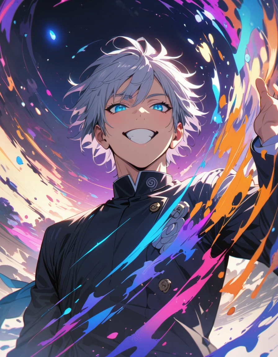 Intricate details,Wide range of colors,artwork,rendering,(masterpiece:1.3),(Highest quality:1.4),(Very detailedな:1.5),High resolution,Very detailed,8K,(1 male,Satoru Gojo,JUJUTSU KAİSEN,Gray Hair)Gojo Satoru,Young people,Be confident々smile,Beautiful Blue Eyes、(The background is blue and purple space)Achieve smooth design