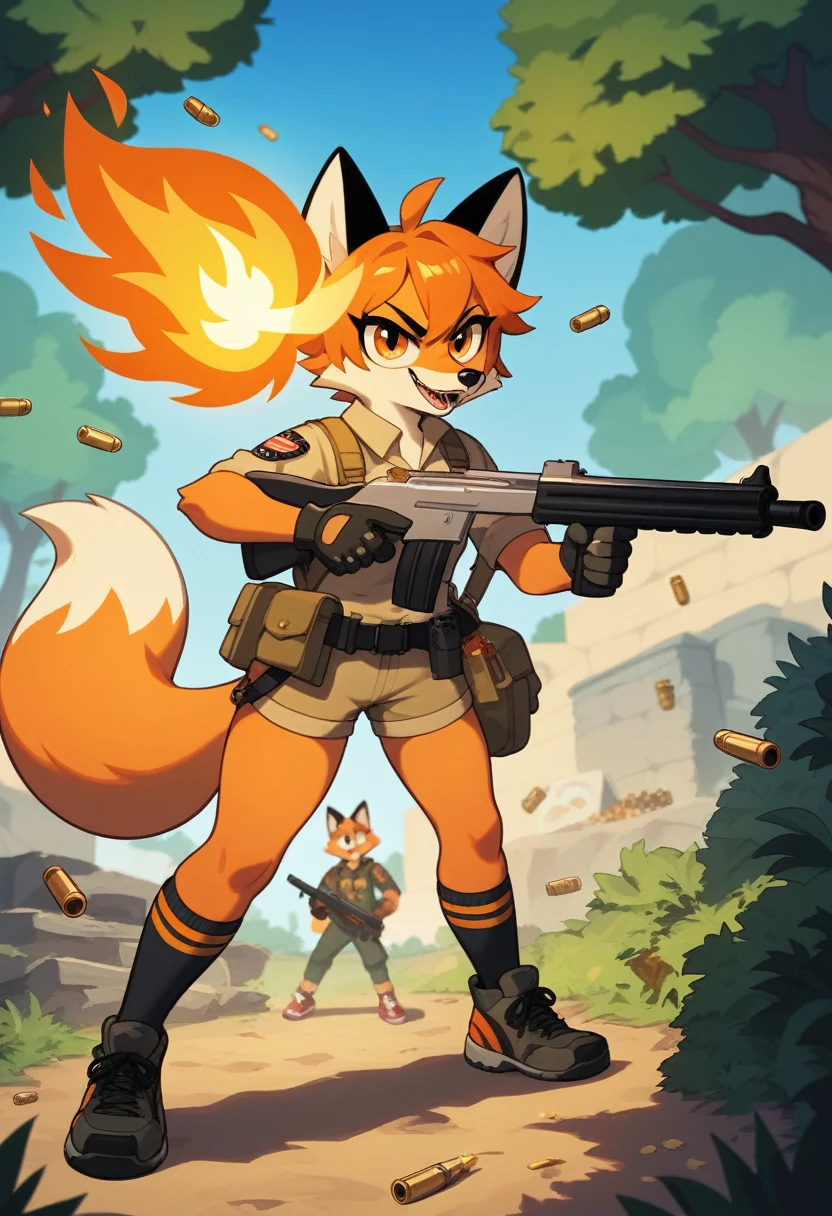 One girl, Short, messy hair with orange flames, Bright orange flaming hair, light orange oversized fox Foodie, fox Foodie, Foodie, Bright orange flame tail、Black gloves, Possession of a gun, In the Forest, Scouting, Orange eyes, Enthusiastic, Severe, Have a weapon, Black Ear, holding Shotgun, Shotgun, bullet, photograph, explosion, Black medium socks, big Foodie, Food, fox Food