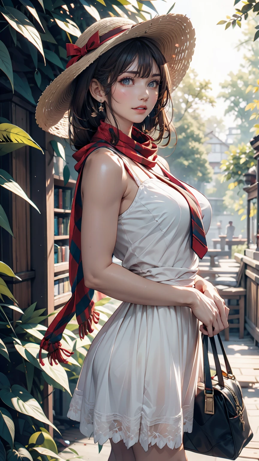 24-year-old female、Long eyelashes、Beautiful appearance、White summer dress decorated with lace、Brown Hair、Side Ponytail((Tie it up with a scrunchie))、Sunlight filtering through the trees、Forest Walk、Walking、Cute handbag、Sandals、Wide-brimmed hat decorated with ribbon((Capelin))、Wear a brightly colored scarf around your neck、Lady style、smile、Hold the brim of your hat、No sleeve