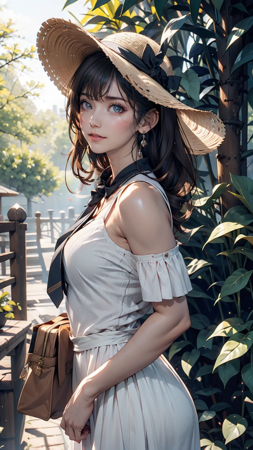 24-year-old female、Long eyelashes、Beautiful appearance、White summer dress decorated with lace、Brown Hair、Side Ponytail((Tie it up with a scrunchie))、Sunlight filtering through the trees、Forest Walk、Walking、Cute handbag、Sandals、Wide-brimmed hat decorated with ribbon((Capelin))、Wear a brightly colored scarf around your neck、Lady style、smile、Hold the brim of your hat、No sleeve