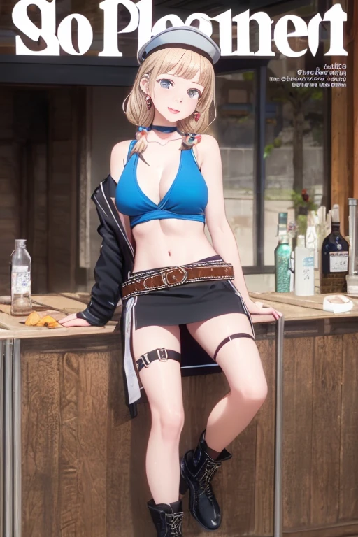 (masterpiece:1.2), (Military uniform magazine cover:1.4),best quality,PIXIV,Sweet girl , sexy posture,1girl, (perky chest:1.2), rolling upskirt by wind:1.6, (with sparkling eyes and a contagious smile),open mouth, (pointed chest:1.2),fishnets, black hair, boots, long hair, black nails, skirt, shirt, black footwear, bag, black skirt, jewelry, jacket, thigh strap, bangs, necktie, earrings, nail polish, multicolored hair, looking at viewer, full body, bottle, own hands together, belt, jacket on shoulders, food, cats on head, ring, choker, english text, collared shirt, blue eyes, hat, lace-up boots ,masterpiece、highest quality、Very detailed、An illustration、Beautiful fine details、One Girl、cute、Detailed landscape、Training Room Background:1.4、Platinum Blonde Hair、Braided Ponytail、Red camisole、((c cup breasts, Tank top showing underboob:1.4))