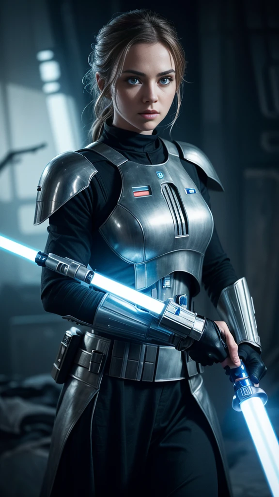 a female jedi in star wars, holding a glowing lightsaber, detailed face, beautiful eyes, long eyelashes, detailed intricate armor, sci-fi, epic, cinematic lighting, dramatic shadows, high contrast, vibrant colors, 8k, hyper detailed, masterpiece