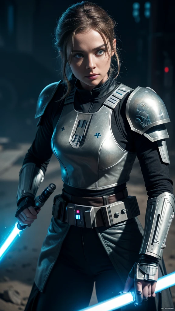 a female jedi in star wars, holding a glowing lightsaber, detailed face, beautiful eyes, long eyelashes, detailed intricate armor, sci-fi, epic, cinematic lighting, dramatic shadows, high contrast, vibrant colors, 8k, hyper detailed, masterpiece