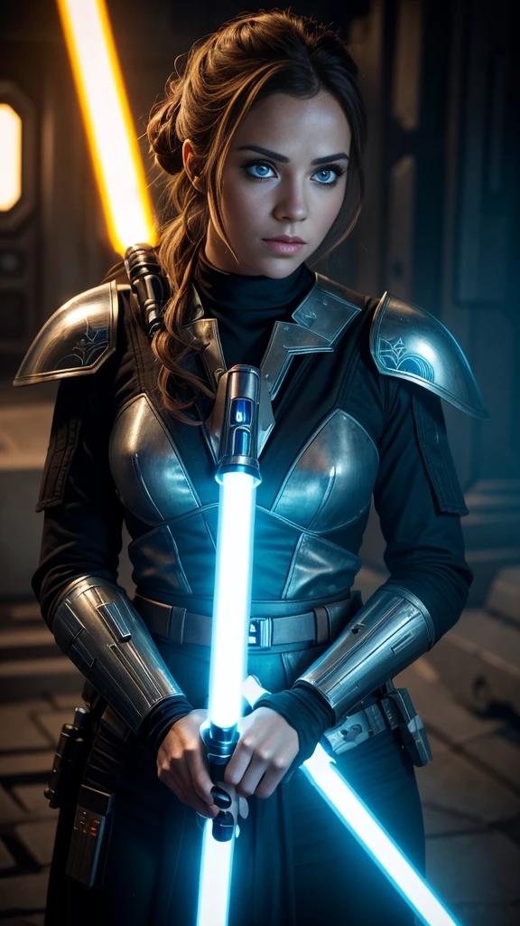 a female jedi in star wars, holding a glowing lightsaber, detailed face, beautiful eyes, long eyelashes, detailed intricate armor, sci-fi, epic, cinematic lighting, dramatic shadows, high contrast, vibrant colors, 8k, hyper detailed, masterpiece