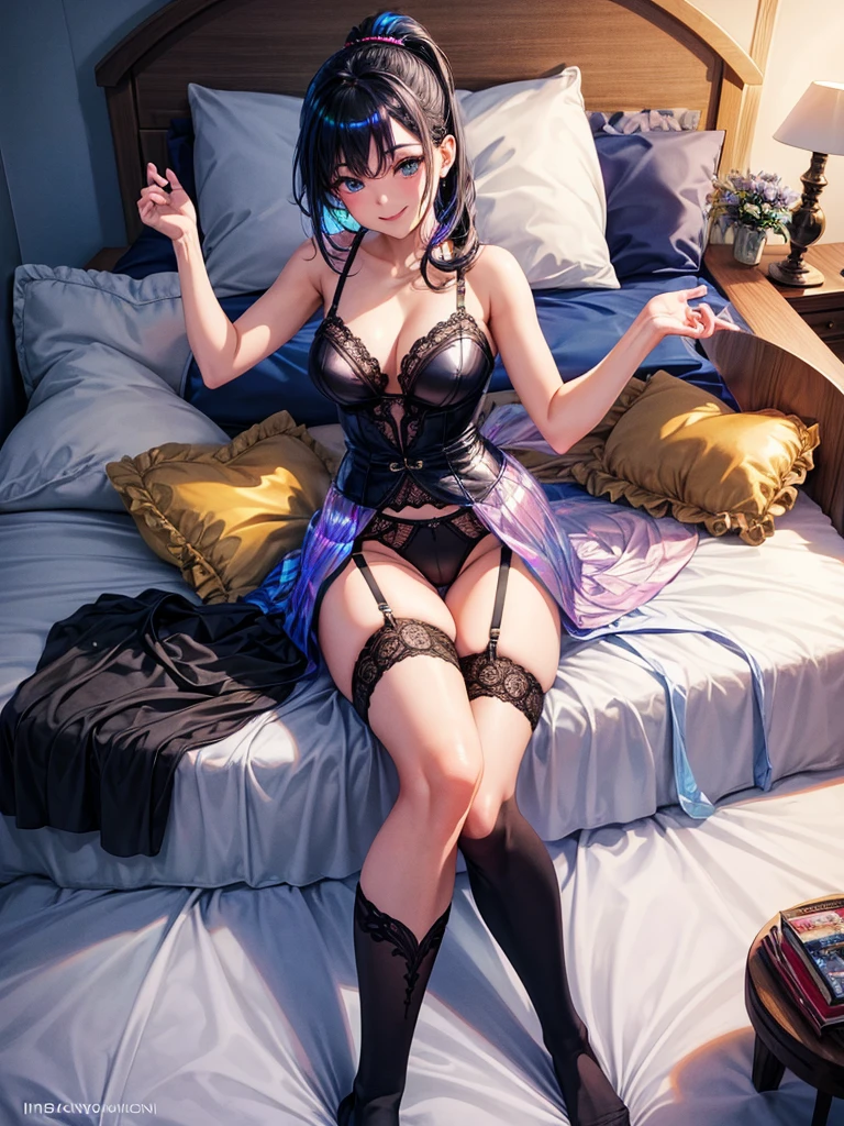 Highest quality,Highest Resolution,Smiling beautiful girl in underwear,Very beautiful eyes,(((Iridescent underwear))),garter belt,Knee-high stockings,front,whole body,Black hair ponytail,Bedroom,