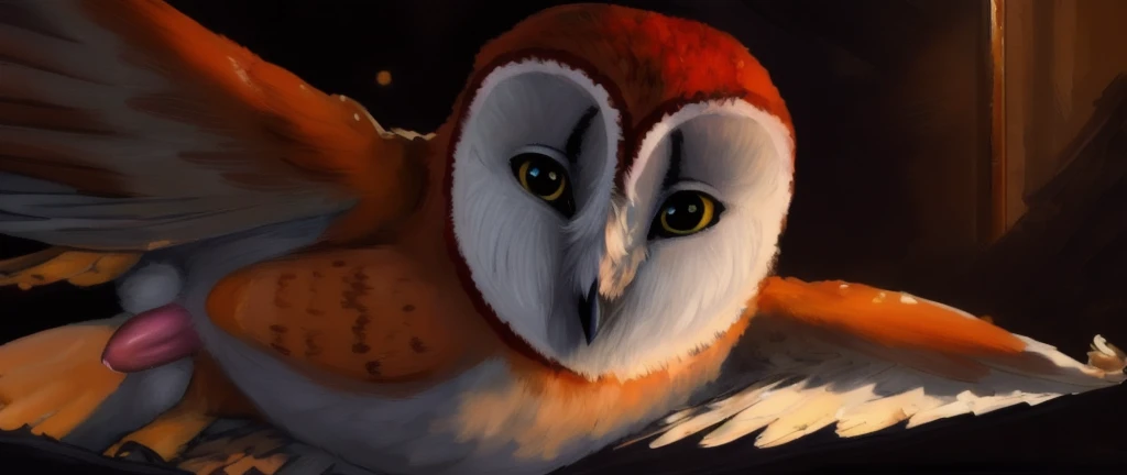 barn owl, owl, watching at viewer, art, male, best quality, masterpiece, nsfw, cock, hard penis, erection, Soren, tyto, deviantart, e621, deviantart, oil paint, fanmade, bird penis