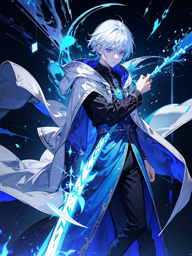 Sorcerer Divine Soul man, he has a silver hair and blue eyes, he wear a hood and wear gloves.