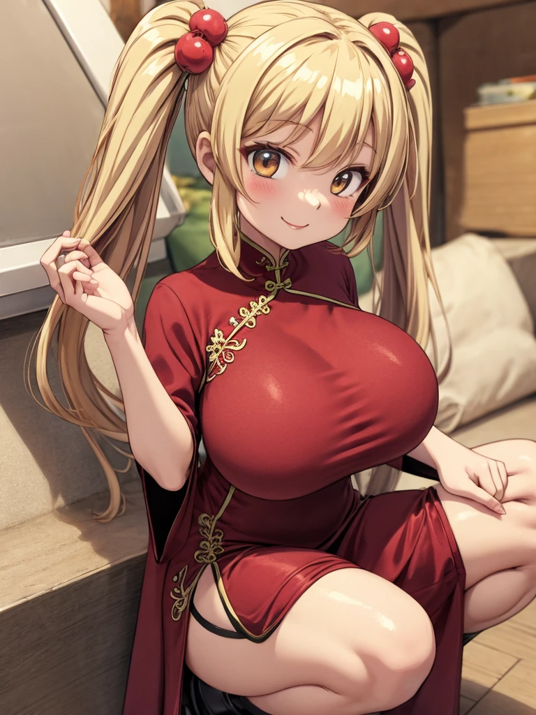 Anime-style illustrations、1 Girl、Blonde、Twin tails, hair ornaments、Squat、China dress,  smile、Thighs、Very big 