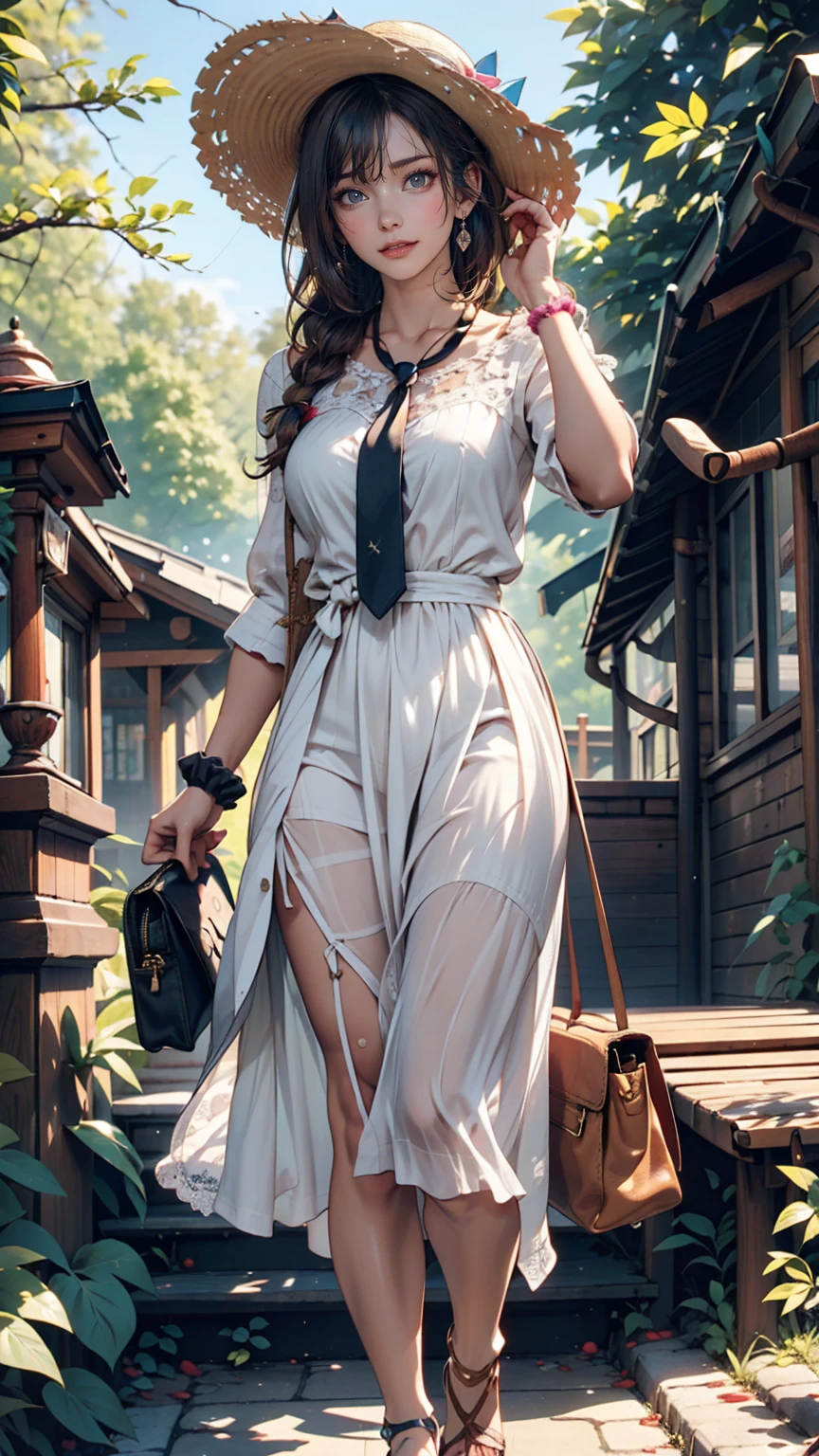 24-year-old female、Long eyelashes、Beautiful appearance、White summer dress decorated with lace、Brown Hair、Side Ponytail((Tie it up with a scrunchie))、Sunlight filtering through the trees、Forest Walk、Walking、Cute handbag、Sandals、Wide-brimmed hat decorated with ribbon((Capelin))、Wear a brightly colored scarf around your neck、Lady style、smile、Hold the brim of your hat、No sleeve