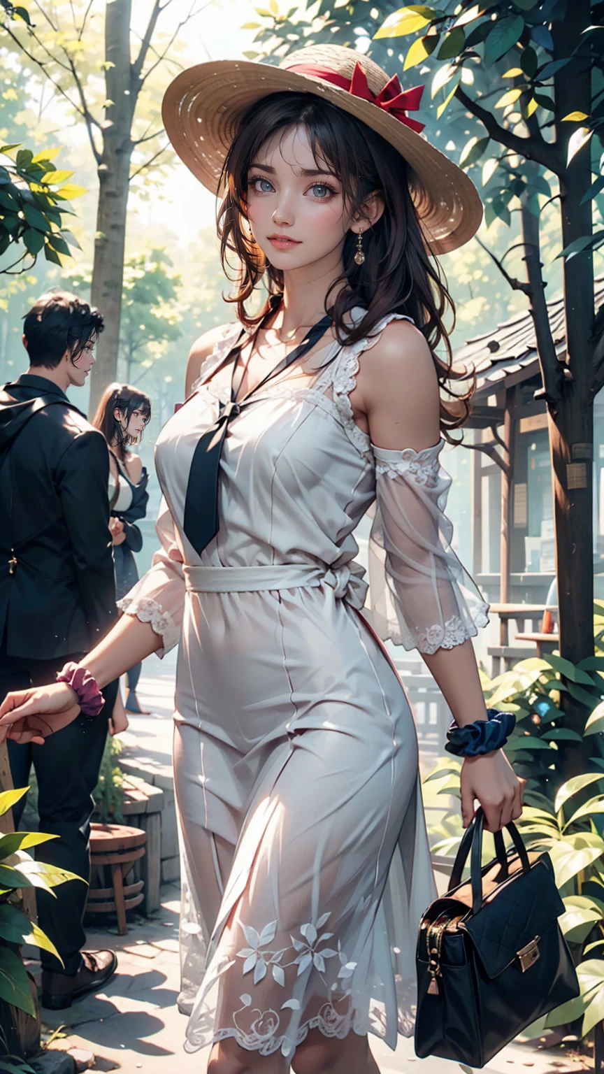 24-year-old female、Long eyelashes、Beautiful appearance、White summer dress decorated with lace、Brown Hair、Side Ponytail((Tie it up with a scrunchie))、Sunlight filtering through the trees、Forest Walk、Walking、Cute handbag、Sandals、Wide-brimmed hat decorated with ribbon((Capelin))、Wear a brightly colored scarf around your neck、Lady style、smile、Hold the brim of your hat、No sleeve
