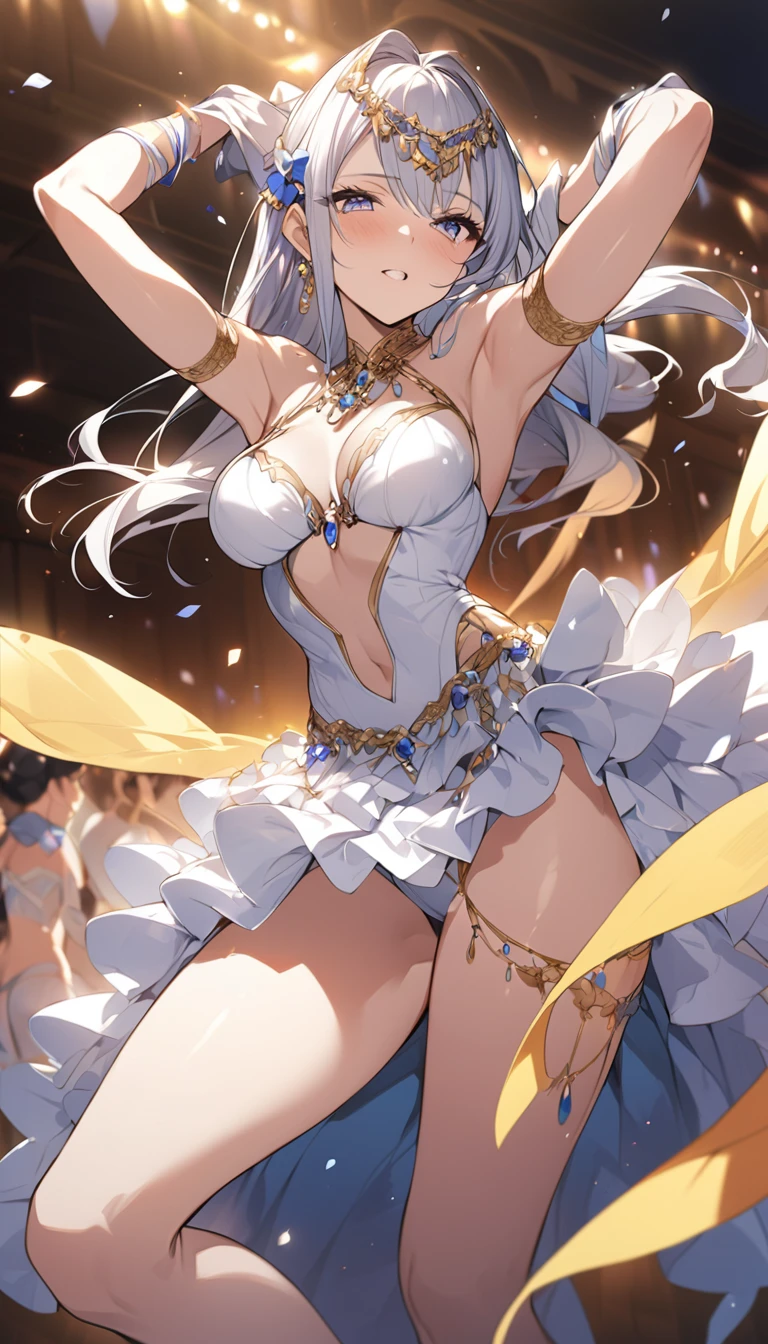 Anime illustration、Highest quality、Dancer's costume、Plump Gravure Idol、Perfect proportions,Sexy seductive pose,Bodysuits,Black gloves,Sandy beach at night,Blurred foreground,Big Breasts、Thick thighs、brown、Sweaty,Shiny Hair, Shiny skin,1000+ Favorite quality,Yellow Hair、blue eyes、