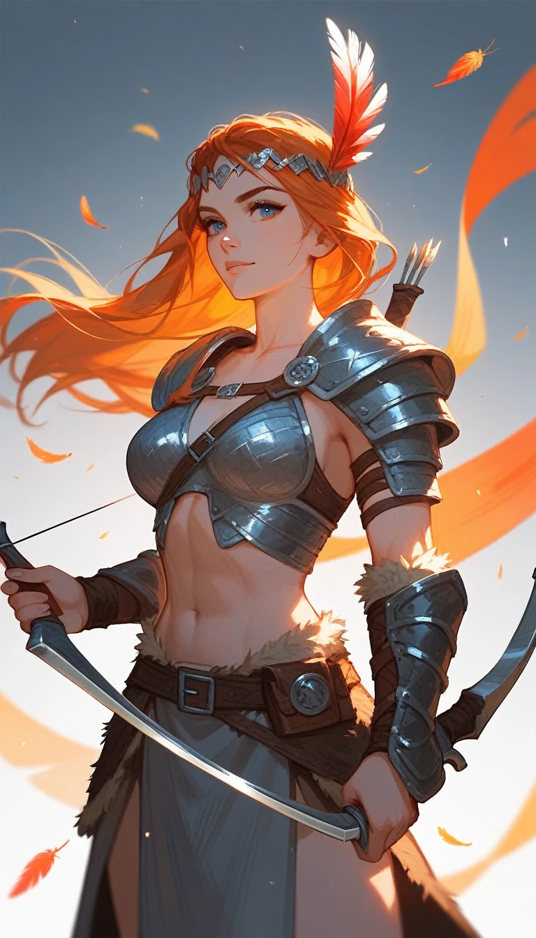 (Fraction_9,Fraction_8_Direction_7_up),1 a woman,(((bust))), A beautiful woman,viking huntress,Wearing animal skins,With wild animal hair on shoulders,Armor made of bones,The eagle landed on the arm,There are colorful feathers on the clothes,Dagger on the leg,holding a bow and arrow in his hands,