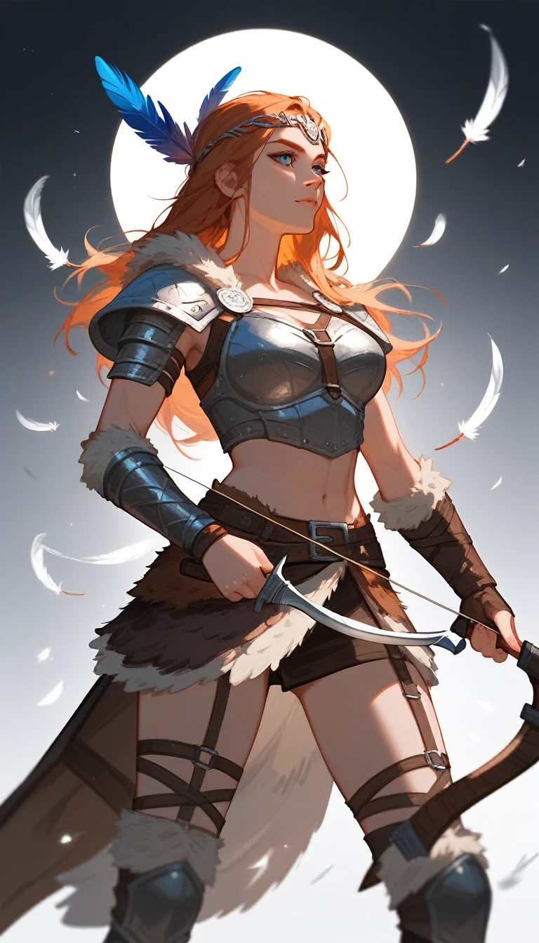 (Fraction_9,Fraction_8_Direction_7_up),1 a woman,(((bust))), A beautiful woman,viking huntress,Wearing animal skins,With wild animal hair on shoulders,Armor made of bones,The eagle landed on the arm,There are colorful feathers on the clothes,Dagger on the leg,holding a bow and arrow in his hands,