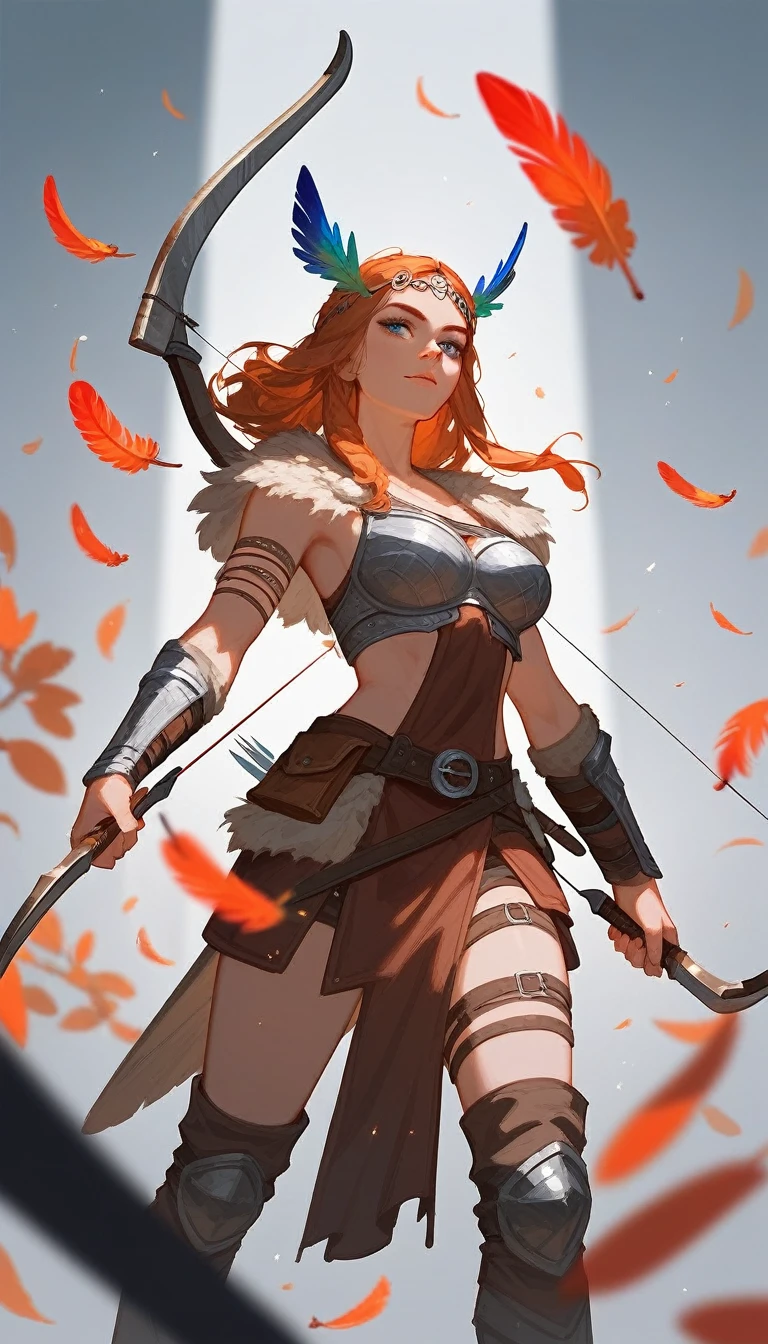 (Fraction_9,Fraction_8_Direction_7_up),1 a woman,(((bust))), A beautiful woman,viking huntress,Wearing animal skins,With wild animal hair on shoulders,Armor made of bones,The eagle landed on the arm,There are colorful feathers on the clothes,Dagger on the leg,holding a bow and arrow in his hands,