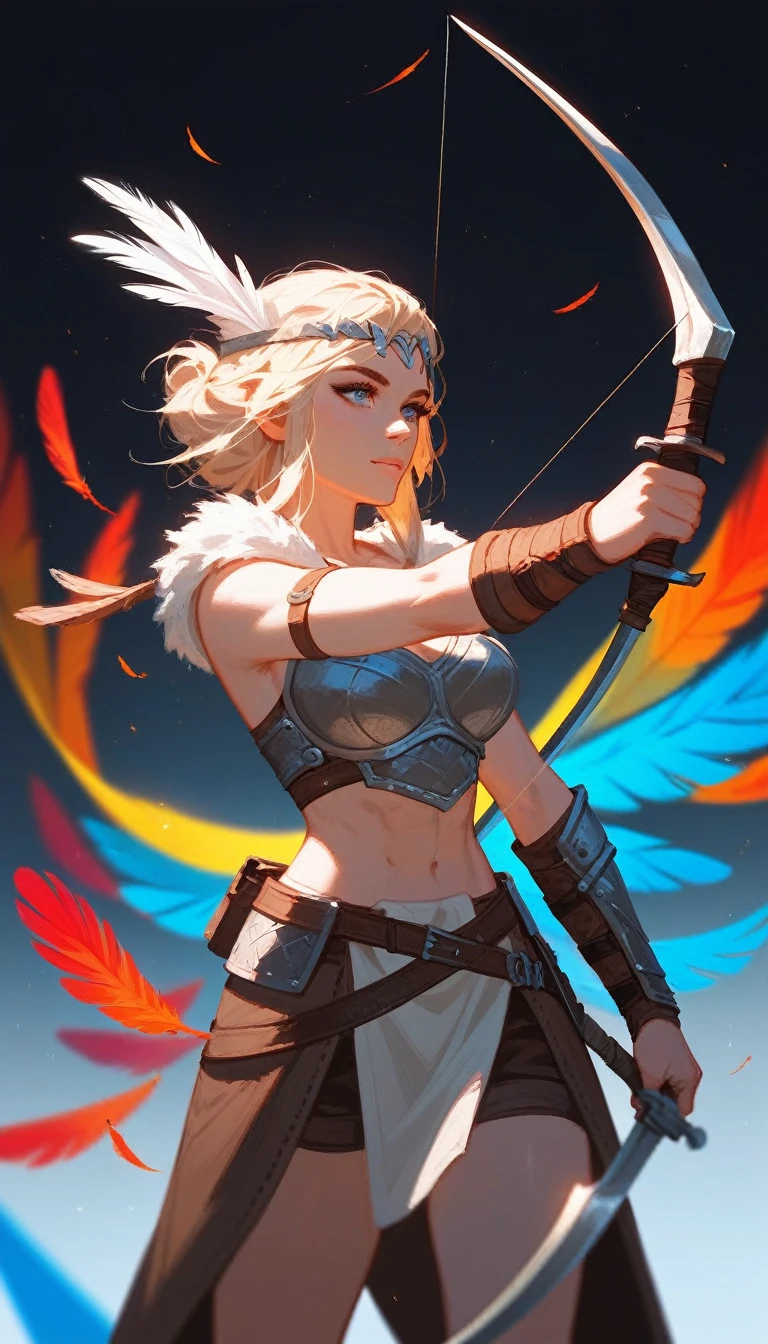 (Fraction_9,Fraction_8_Direction_7_up),1 a woman,（（（bust）））, A beautiful woman，viking huntress，Wearing animal skins，With wild animal hair on shoulders，Armor made of bones，The eagle landed on the arm，There are colorful feathers on the clothes，Dagger on the leg，holding a bow and arrow in his hands，