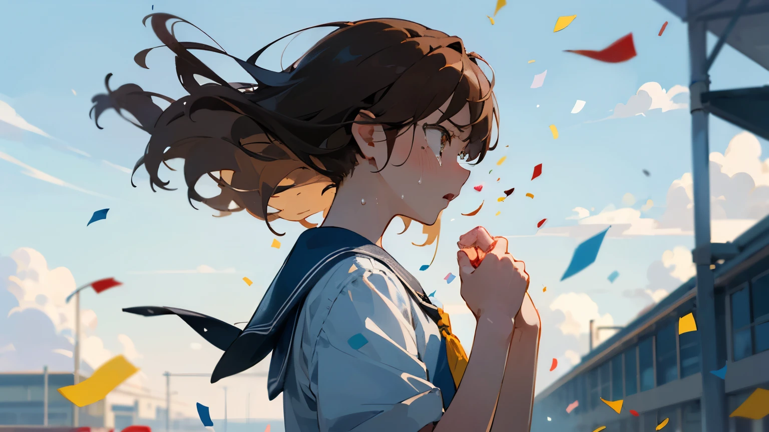 ((Highest quality)), ((masterpiece)), ((Very detailed)),Girl,Angry expression,Confetti,Brown Hair,Blue sky and clouds,Tears on my cheeks,profile,student,School building