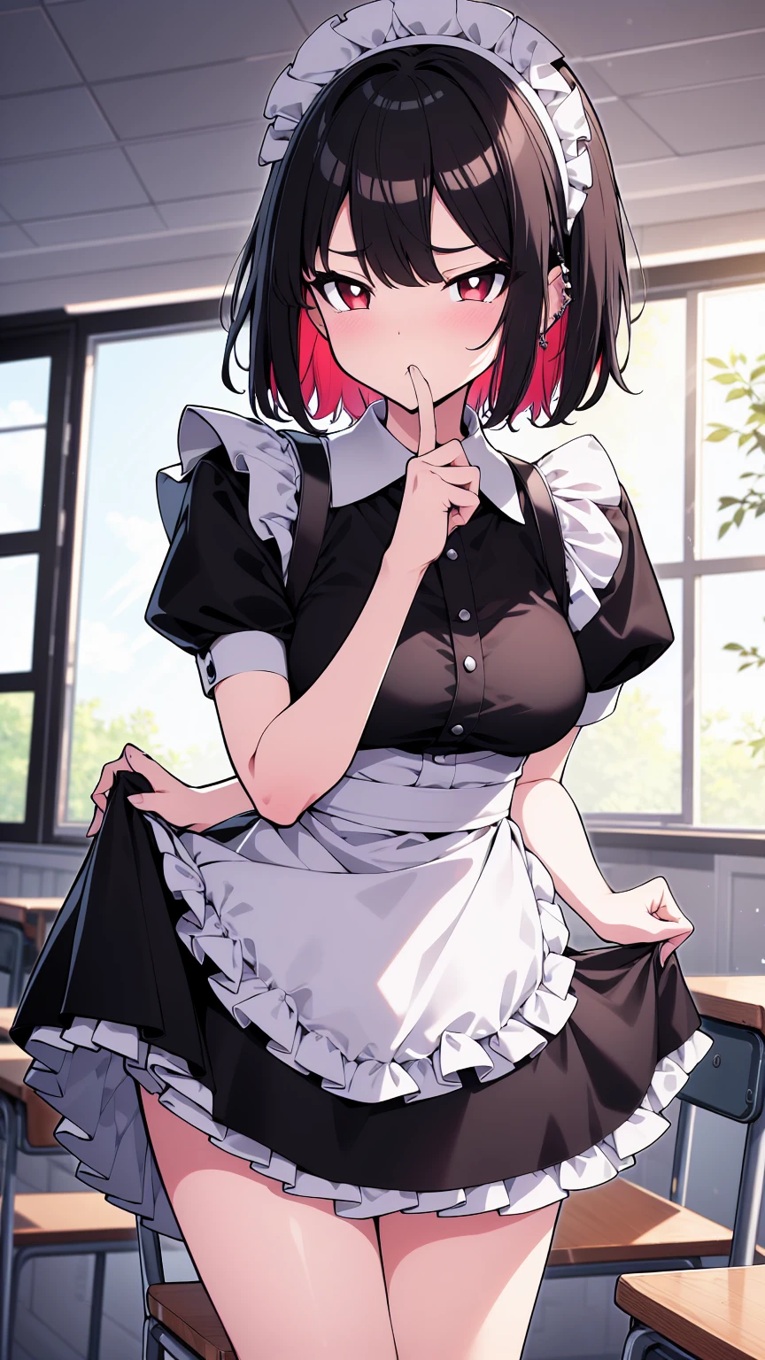 (cowboy shot),(ultra-high resolution, depth of field:1.2),Zenless Zone Zero,(Elen Joe:1.1),1woman,mature,black hair,short hair,inner color hair,(red eyes),medium breasts,crossed arms,maid dress,shark tail,maid apron,maid headdress,piercing,short sleeves,in classroom,sitting,sit in a chair,skirt lift,skirt hold,(((disgust,disgusted)))