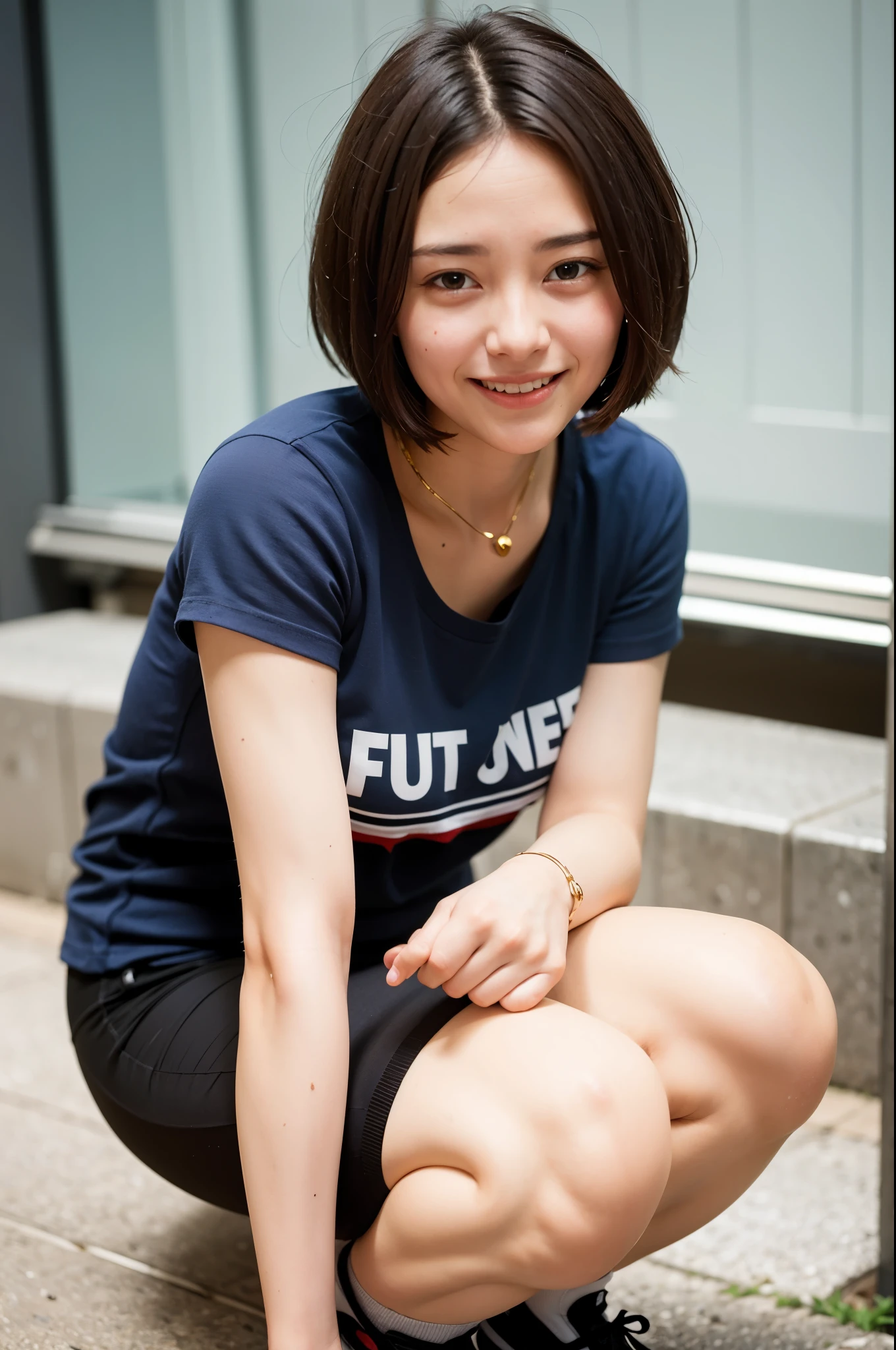 Top quality, 1 beautiful woman, super short Hair, gold hair, shy-smile, fullbody, sneaker, Black t-shirt & pants