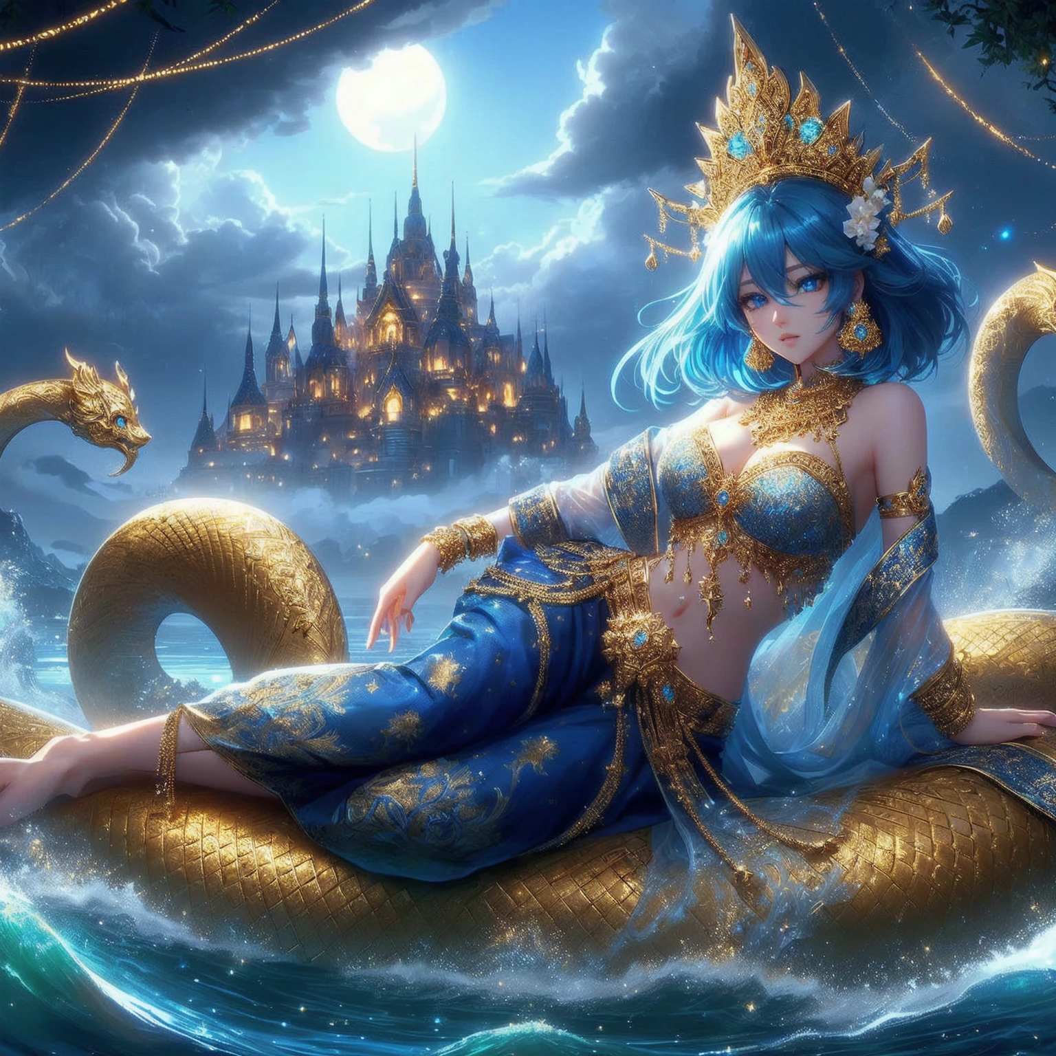 Blue eyes, ornate gold jewelry. , god god , ,realistically ,Fine golden background. 3-D anime.