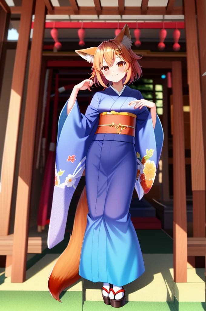 masterpiece, Highest quality, Very detailed, One girl, alone, (:3:0.9), Animal earsの毛, Animal ears, Orange Hair, Fluffy hair, blush, Brown eyes, flower, Fox Ears, Fox Girl, Slope, Slope background, hair flower, hair ornaments, kimono, kimono, View your viewers, Shrine maiden, smile, alone, white kimono, Beautiful lighting