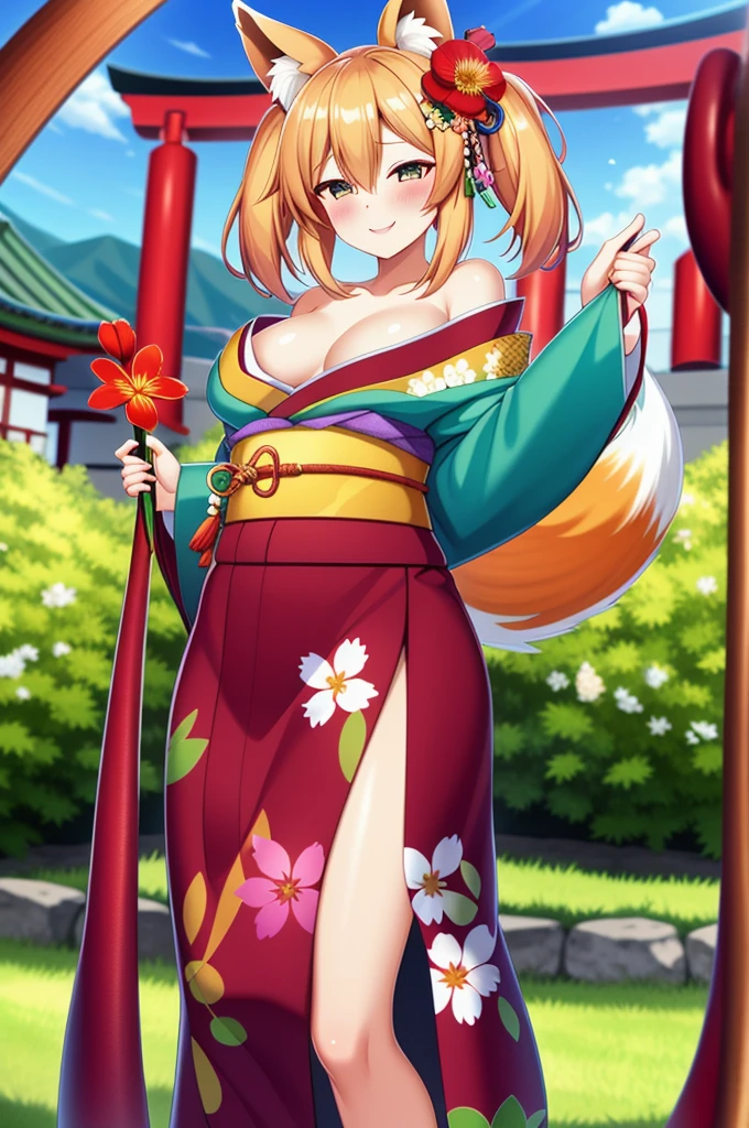 masterpiece, Highest quality, Very detailed, One girl, alone, (:3:0.9), Animal earsの毛, Animal ears, Orange Hair, Fluffy hair, blush, Brown eyes, flower, Fox Ears, Fox Girl, Slope, Slope background, hair flower, hair ornaments, kimono, kimono, View your viewers, Shrine maiden, smile, alone, white kimono, Beautiful lighting