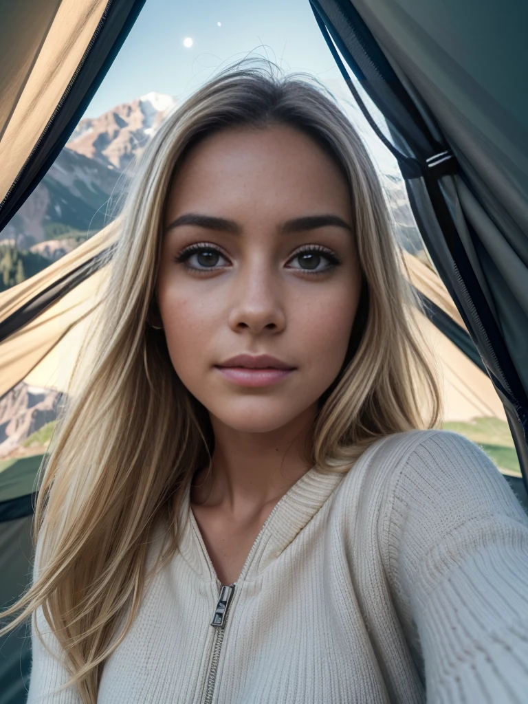 realistic, photorealistic, raw photo, 8K detailed skin, natural skin texture, realistic skin texture, picture-perfect face, film grain, HDR, high quality shadow, perfect anatomy, perfect symmetry:1.2, perfect face, happy, confident, soft lighting, depth of field, bokeh, ultra-high resolution, cinematic lighting, sharp focus, realistic hair strands, subtle facial expressions, vibrant colors, 24mm lens, wide angle,1 woman, American, beautiful, ((upper body selfie, happy)), Filming in a tent, Beautiful backlight, Tent Open Sign,Masterpiece, Best Quality, Ultra-detailed, Solo, exteriors, (natta), mountains, Nature, (sao, the moon) cheerful, happy,, Cosy in a sleeping bag, Inside the tent, When you open the tent, You can see wild Colorado scenery outside.clear skies, analog style (looking up at viewer:1.2) (skin texture) (film grain:1.3), (warm hue, warm tone:1.2), close-up, Cinematic light, Sidelighting, The ultra-Highres, best shadows, ..raw, upper half body, wearing pullover, Relaxed and intimate photos, blonde hairs,