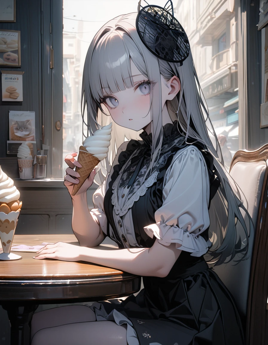 (8K, best quality, master piece: 1.2),super high resolution,1 girl,solo,16yo,ultra-detailed face,detailed eyes,silver eyes,blunt bangs,silver hair,Straight hair,Long hair,pale skin,white short sleeve petal collar blouse,black tiered skirt,(black Fascinator),expressionless,lash extension,parted lips,rim light,perfect hands, perfect fingers,(holding one cat decoration cookie soft serve ice cream),Looking at viewer,sitting on chair,indoors soft serve ice cream shop