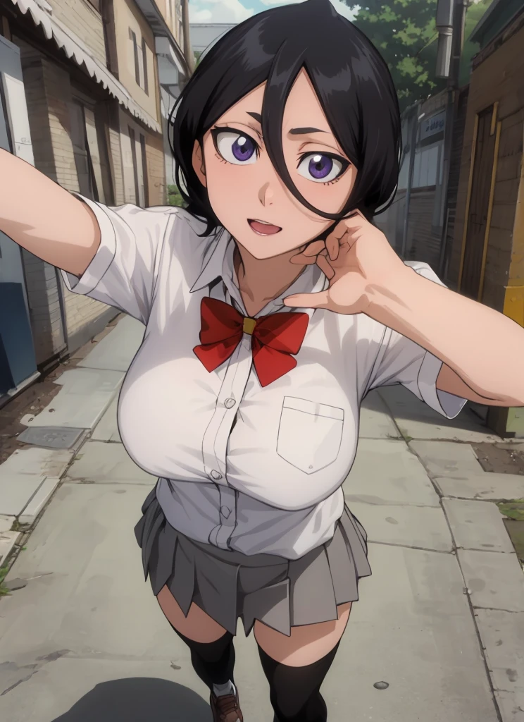 ((best quality)), ((highly detailed)), masterpiece, , (1girl), Perspective distortion, cowboy shot, ((wide shot)), Rukia, black hair, short hair, hair between eyes, purple eyes,  , white collared shirt, red bowtie, grey pleated skirt, socks, shoes, (outside, black thighhighs,big breasts,looking viewer,(sexy pose)