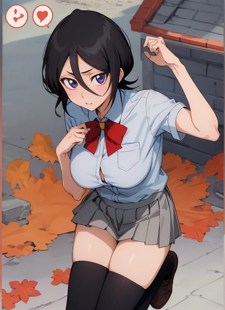 ((best quality)), ((highly detailed)), masterpiece, , (1girl), Perspective distortion, cowboy shot, ((wide shot)), Rukia, black hair, short hair, hair between eyes, purple eyes,  , white collared shirt, red bowtie, grey pleated skirt, socks, shoes, (outside, black thighhighs,big breasts,looking viewer,(sexy pose)